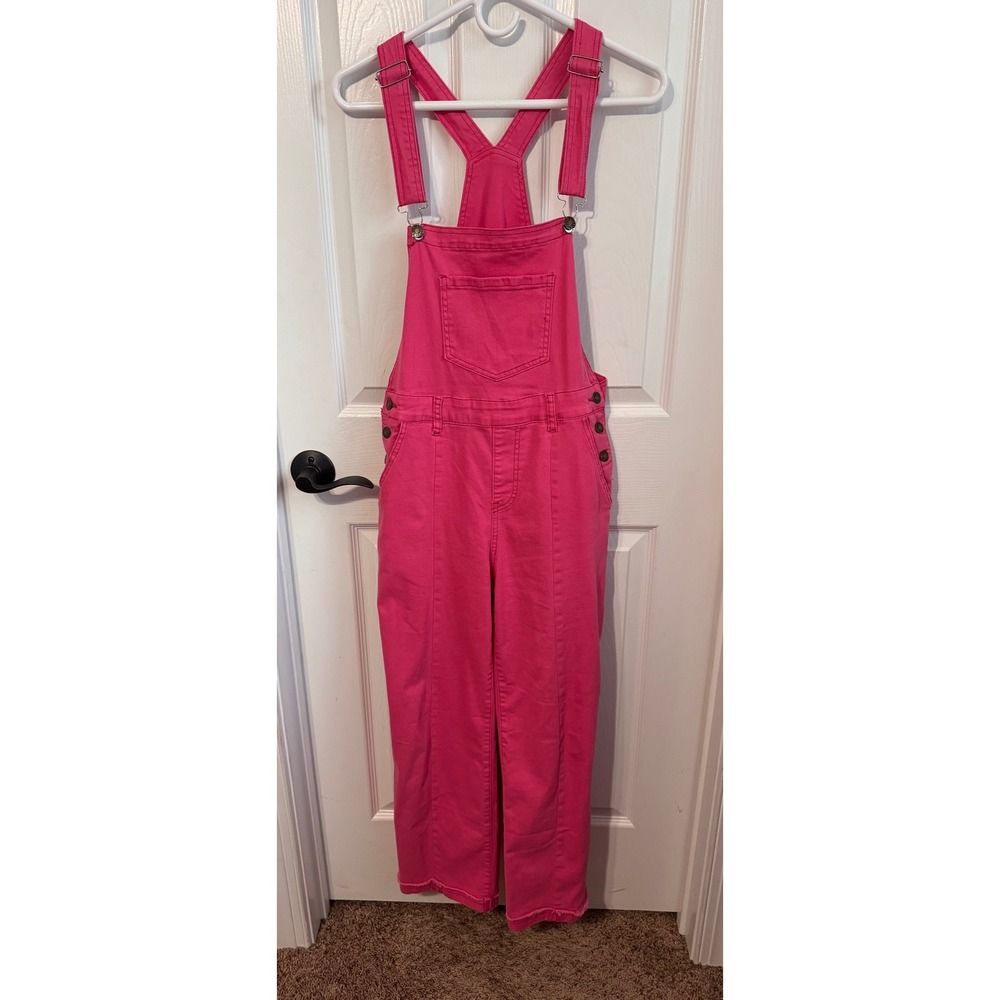 Women's Small Hot Pink Denim Wide Leg Overalls Adjustable Raw Hem